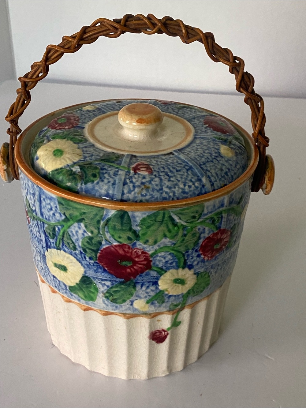 Vintage Colourful Ceramic Biscuit Jar With Wood Handle